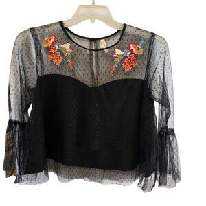 TRUE DESTINY MESH BLOUSE CROPPED EMBROIDERED FRONT FLORAL BELL SLEEVE SMALL